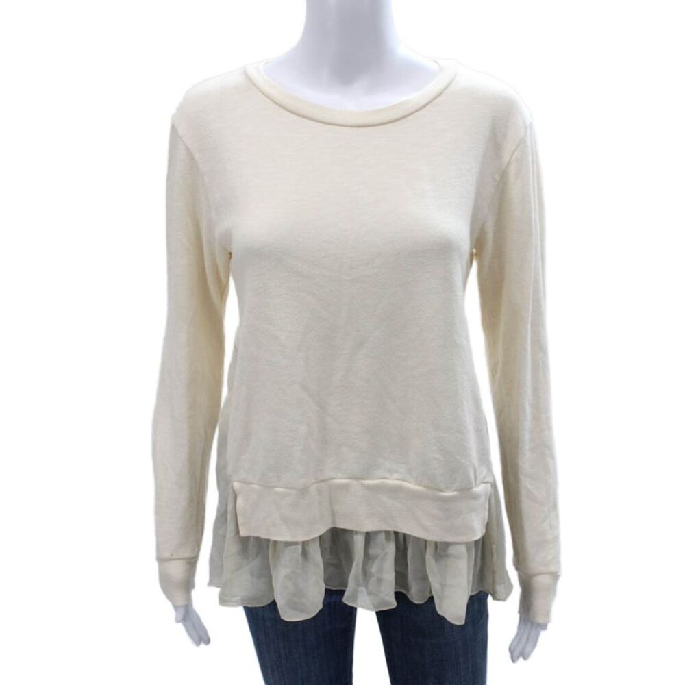 Clu Womens Ivory Cotton Pullover Sweatshirt Long Sleeve Round Neck Size S